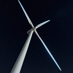 Night Sky Wind Turbine Energy Generation: Detailed Close Up View of a White Wind Turbine Against a Starry Night Sky, Showing its Blades Illuminated