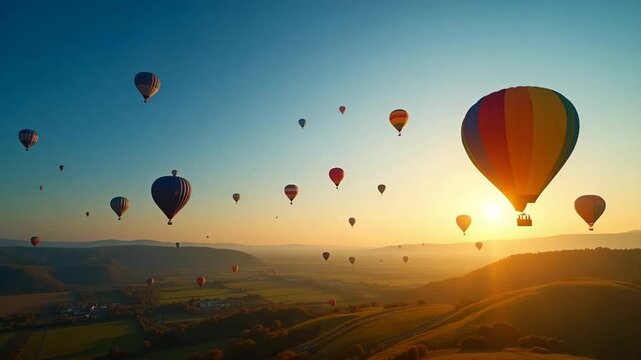 Stunning Balloon Festival Stock Image: Colorful Balloons Ascend into Deep Blue Sky Over Countryside at Sunrise - Perfect for Your Creative Projects with Space for Text