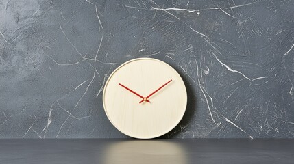 A white clock with red hands and numbers sits on a gray marble wall.