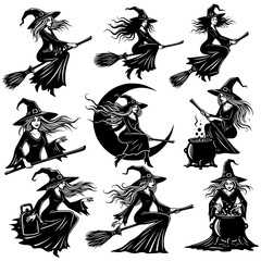 A collection of nine distinct black silhouette illustrations of witches in various dynamic poses and actions each isolated on a transparent background perfect for halloween themes and spooky designs i