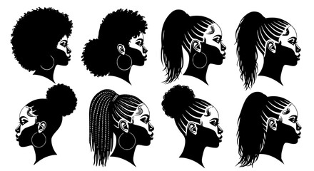 Collection of diverse black woman hairstyles in profile view silhouette artistic illustration isolated on transparent background