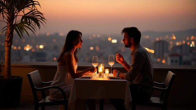 Couple Dining at Intimate Rooftop Bistro Table with Panoramic City Views and Candlelight - Premium Stock Image with Empty Space for Text