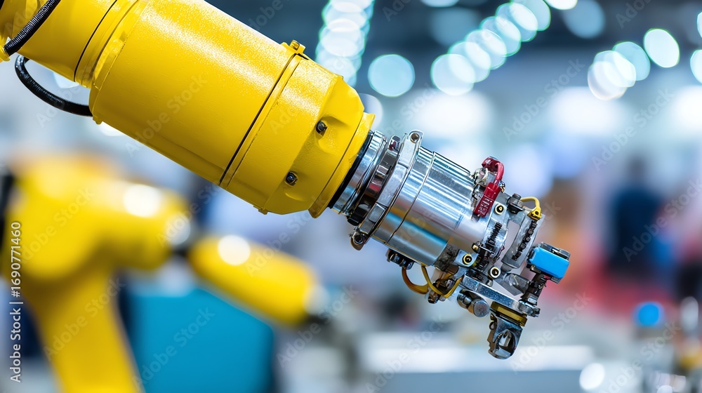 Poster a close-up view showcases the intricate mechanics of a yellow robotic arm, highlighting its precisio