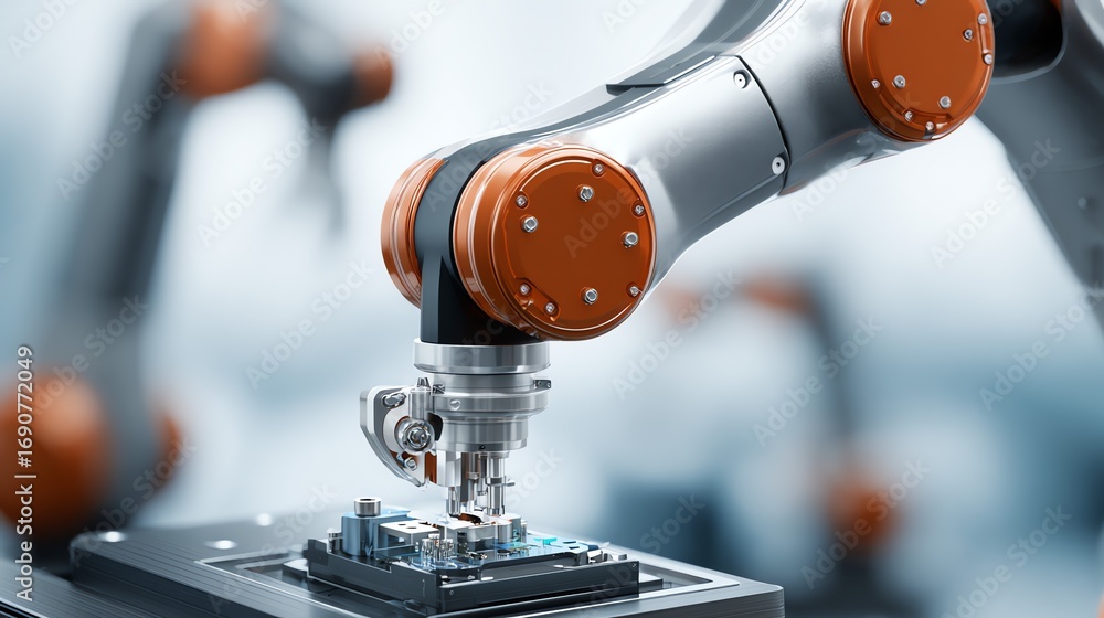 Poster a robotic arm meticulously assembles a complex circuit board in a sterile, automated environment, sh