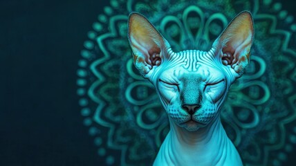 Obraz premium A hairless sphynx cat meditating amidst glowing holographic mandalas, mystical sci-fi fusion, ethereal blues and greens.