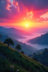 Obraz premium Serene sunrise over rolling hills, mist clinging to valleys, ancient trees silhouetted against the vibrant sky A tranquil scene embodying the essence of Eastern earth , vegetation, countryside