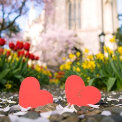Two red hearts on a path, cherry blossoms and flowers in background