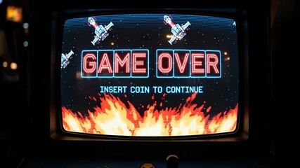 Retro arcade game over screen insert coin to continue message - Powered by Adobe