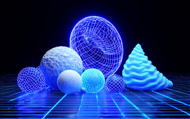 3D rendered abstract geometric shapes with glowing blue lines