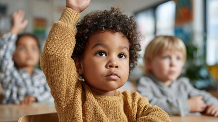 Multicultural elementary students eagerly participate in classroom discussions during morning lessons at a local school