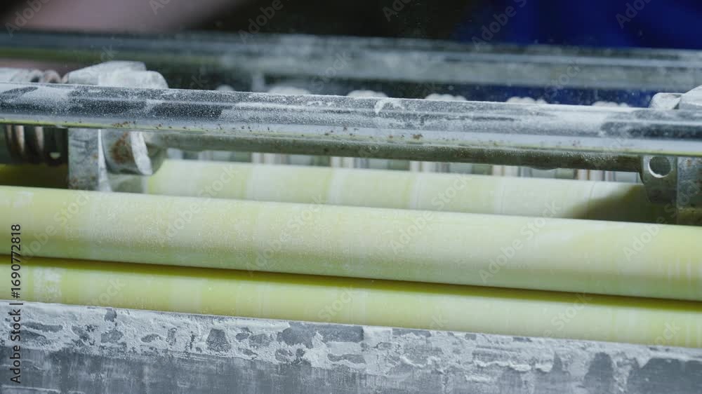 Aufkleber dough sheet repeatedly passes through pasta machine rollers, creating thin layers for various pasta 