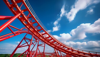 a red rollercoaster track curves upwards against a bright blue sky with white clouds