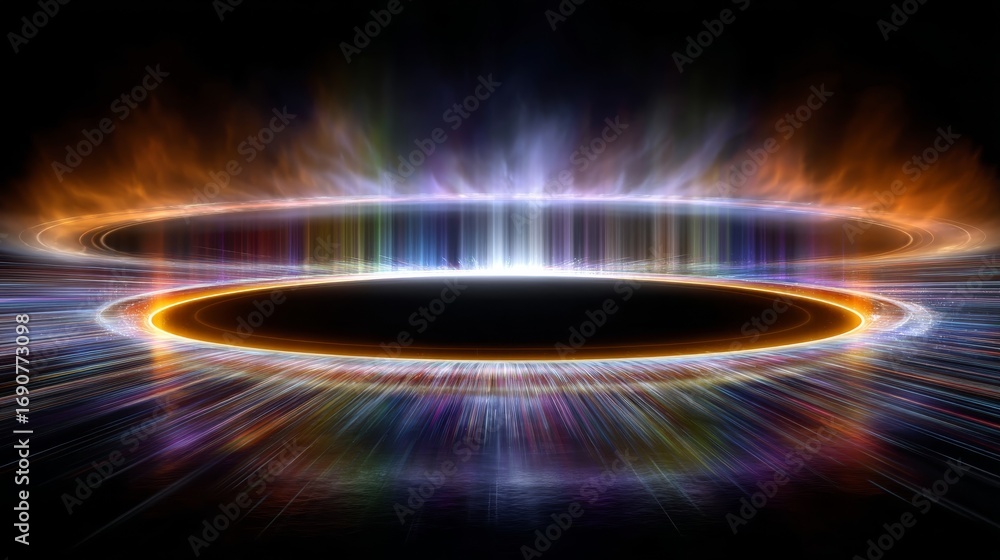 Poster circular led stage radiating colorful light patterns against dark background
