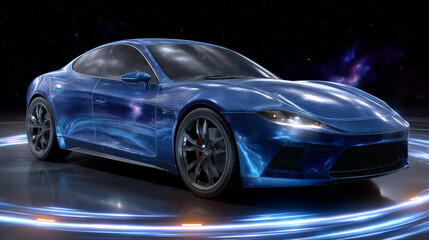 Fototapeta premium Concept Sports Car with Galaxy Inspired Design Illuminated Against Dark Background