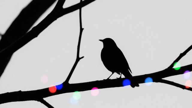 Bird silhouettes perched on tree branches with colorful light spots floating - Powered by Adobe