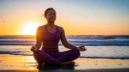 Serene African American Woman Practicing Yoga on Beach at Sunset, Finding Inner Peace
