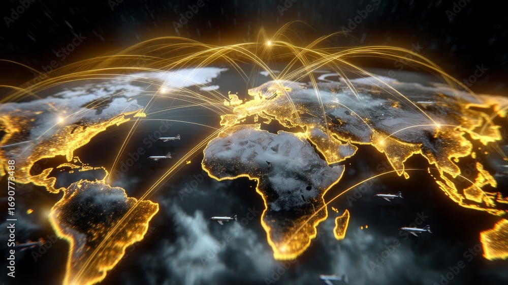 Aufkleber digital representation of a world map highlighted with glowing network connections for global transp