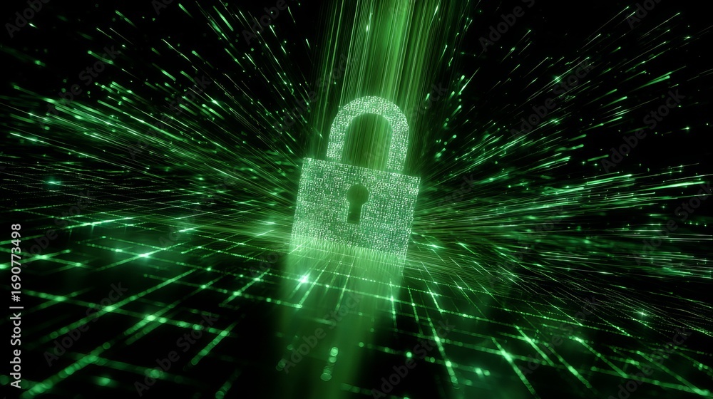 Poster digital visualization of cybersecurity with green padlock in data stream