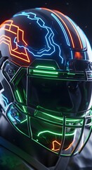 Close-up of a high-tech football helmet illuminated by vibrant blue and green neon lights symbolizing speed and virtual energy