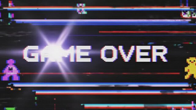Game over screen with glitch effects and pixelated character run