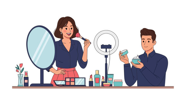 Diverse couple applying makeup and skincare products in front of a ring light for a beauty tutorial or vlog