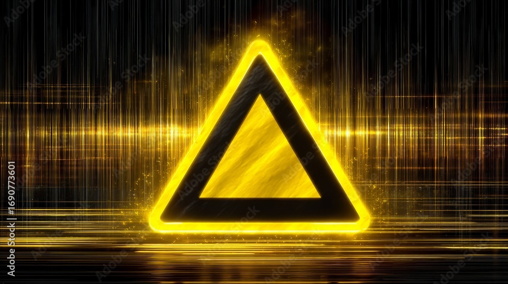 Poster dynamic yellow and black triangular emergency sign illuminated against dark background with flickeri