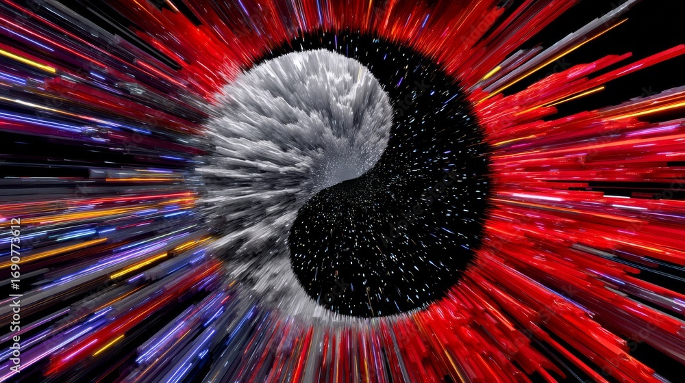 Aufkleber dynamic digital representation of yin-yang symbol with vibrant red and silver tones in abstract moti