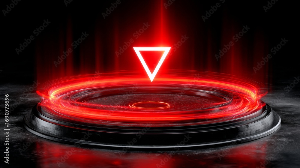 Poster futuristic cyberpunk alert symbol with luminous red triangle on glossy surface