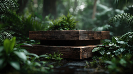 Serene nature scene with wooden platform surrounded by lush foliage