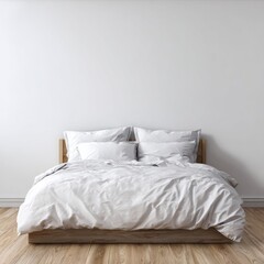 A comfortable, minimalist bedroom featuring a light gray bed with white bedding and wooden accents.