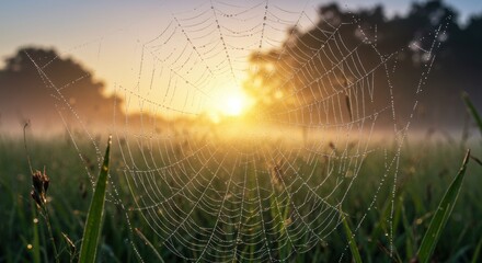 Dewcovered spiderweb glistens at dawn foregrounded by green grass against a blurred sunrise and trees