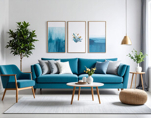 Modern teal living room with stylish sofa vibrant decor and cozy environment – a chic home design inspiration