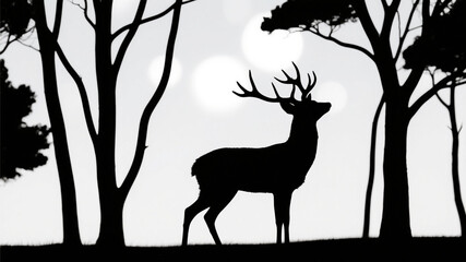 Tree silhouettes, deer or fox silhouettes, light spot background, minimalist white space, abstract natural art
