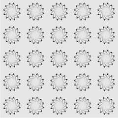 A repeating grid of grayscale floral spirals, each formed by overlapping petal-like arcs, radiating rhythmic elegance on a soft white background.