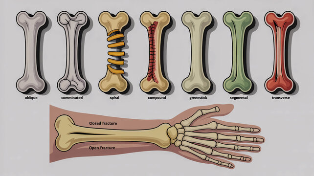 Anatomical Illustration of Different Types of Bone Fractures and a Human Arm and Hand Skeleton