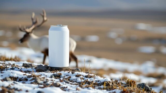 Can of beverage near deer in winter scene: A blank, untouched soda can is placed prominently in a natural winter environment.