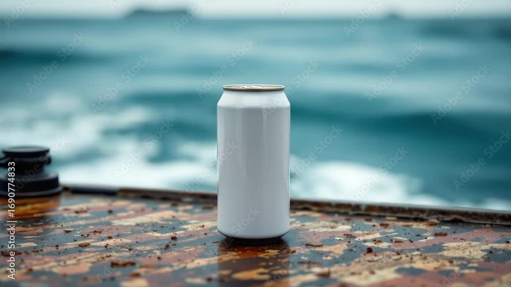 Poster seaside refreshment: a pristine, blank aluminum can sits amidst a textured surface, against a backdr