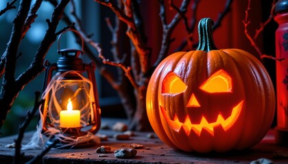 An atmospheric Halloween setting. At the center of the scene is a carved pumpkin displaying a spooky face with triangular eyes and a wide grin