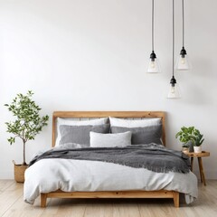 A minimalist bedroom boasts a light-gray bedspread, dark-gray throw, and wooden bed frame, accompanied by pendant lights and potted plants, creating a serene and calming atmosphere.