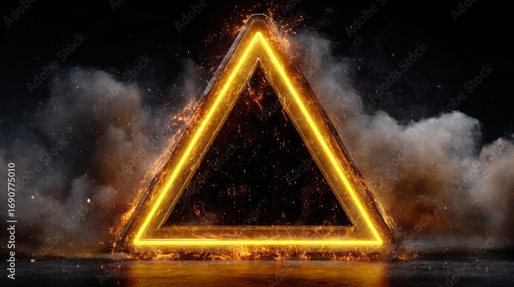 Poster digital warning triangle glowing with sparks and smoke in a dark background