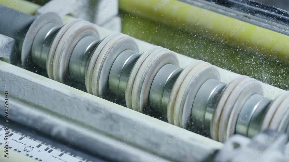 Aufkleber powerful industrial rollers rotating at high speed, processing raw material and generating dense dus