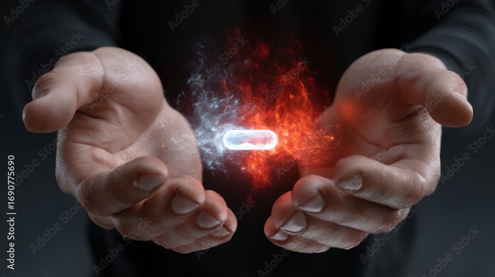 Aufkleber hands displaying a glowing hologram of a pill surrounded by luminous particles on a dark background