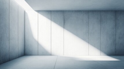 Obraz premium An empty minimalist room with monochromatic gray walls and floor, sunlight casting a diagonal shadow,
