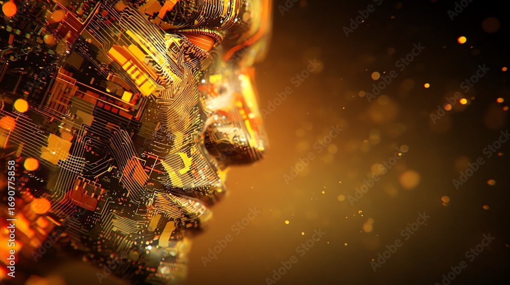 Poster a striking digital portrait emerges from a complex network of circuitry, symbolizing the fusion of h