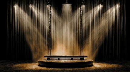 Vintage Spotlight Platform Illuminated by Dramatic Lighting with Elegant Curtains and Polished Floor