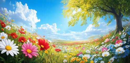 Vibrant spring scenery with colorful wildflowers in a lush meadow under Beautiful landscape