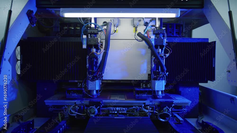 Poster sophisticated machinery processing microchips on automated assembly line, illuminated by cool blue l