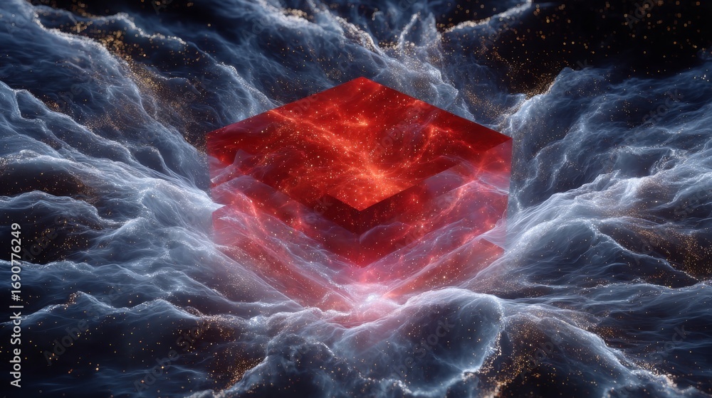Poster Red Layered Network Firewall Interface Emerging from a Cosmic Nebula in Dark Space Setting