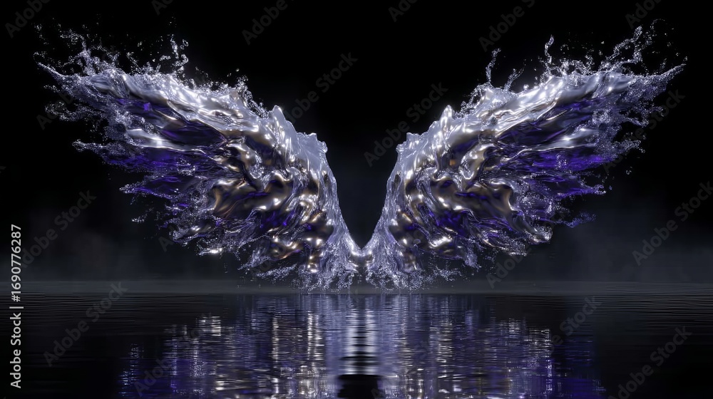 Poster sculpted wings made from liquid mercury creating shimmering effect against dark background