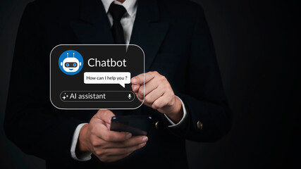 AI, chatbot businessman holds a phone chatting with a virtual assistant UI in a minimal dark setting for customer service, fintech apps, and tech marketing. ideas of automation, trust, and usability.